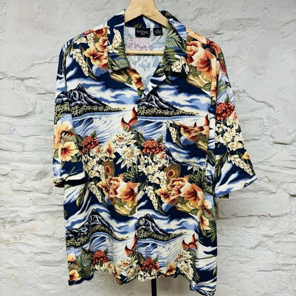 Vintage Guess Georges Marciano Rayon Button Down Shirt Made In USA Size XL Art - Picture 1 of 7